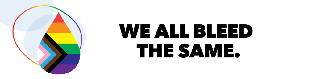 Multi-colored blood drop with text, We All Bleed the Same.